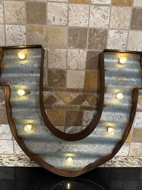 Rustic Metal Horse Shoe Wall Decor with Warm White Bulbs